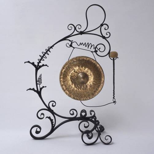 Arts & Crafts giant antique gong, wrought iron & brass, Townshends style, 1890`s ca, English
